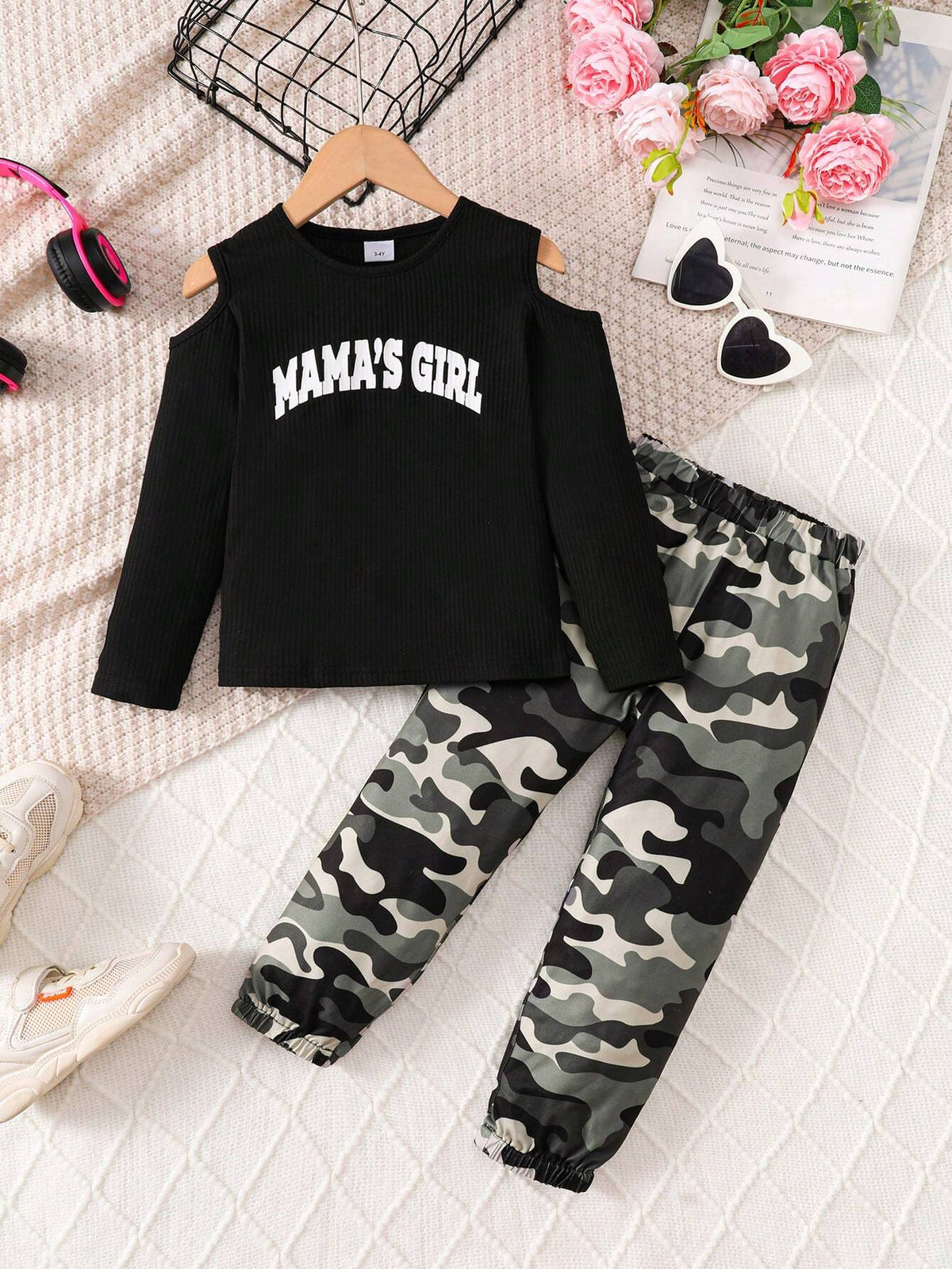 2pcs/Set Girls' Slouchy Open Shoulder Ribbed Sweater Top + Camo Pants, Casual Fashion Outfit