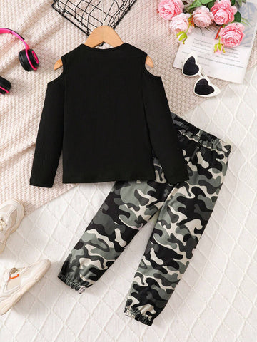2pcs/Set Girls' Slouchy Open Shoulder Ribbed Sweater Top + Camo Pants, Casual Fashion Outfit