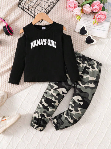 2pcs/Set Girls' Slouchy Open Shoulder Ribbed Sweater Top + Camo Pants, Casual Fashion Outfit