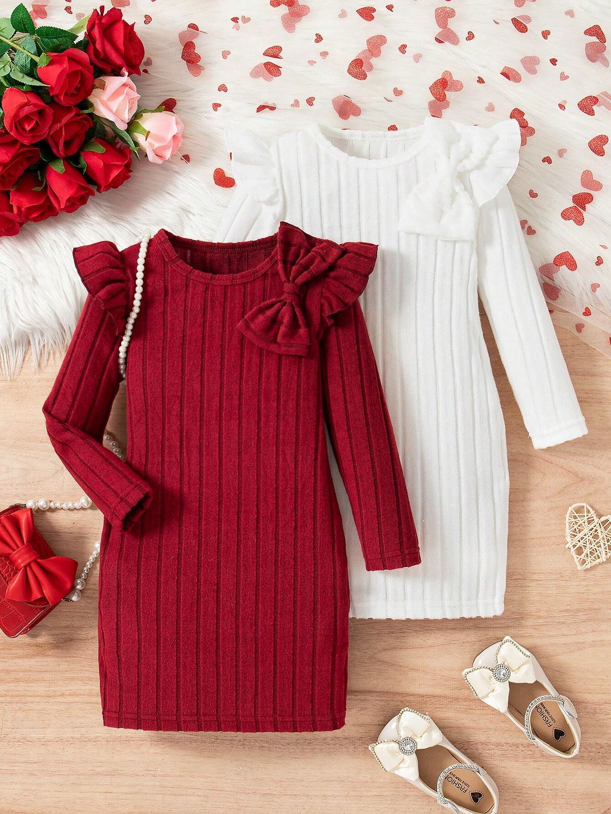 2pcs/Set Girls Solid Color Ribbed Elegant Bowknot Ruffle Hem Dress Set