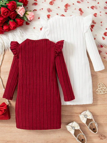 2pcs/Set Girls Solid Color Ribbed Elegant Bowknot Ruffle Hem Dress Set