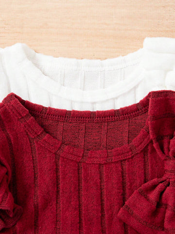 2pcs/Set Girls Solid Color Ribbed Elegant Bowknot Ruffle Hem Dress Set