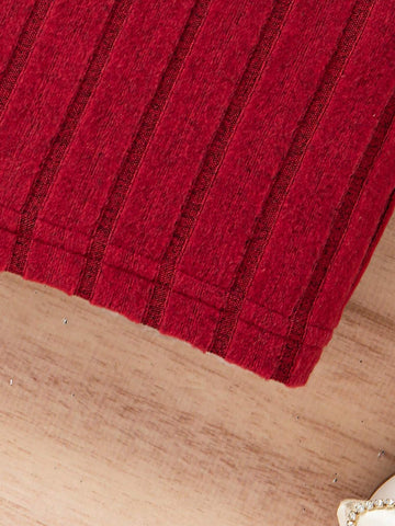 2pcs/Set Girls Solid Color Ribbed Elegant Bowknot Ruffle Hem Dress Set