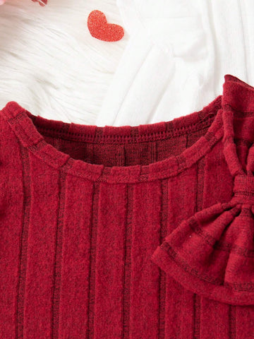 2pcs/Set Girls Solid Color Ribbed Elegant Bowknot Ruffle Hem Dress Set
