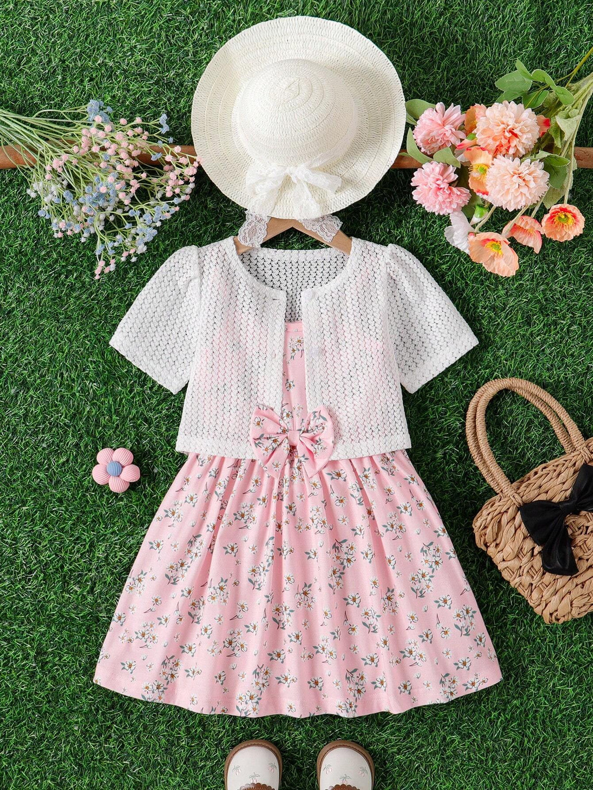 2pcs/Set Girls' Spaghetti Strap Dress Set, Summer Style Sweet Floral Print Girls' Dress