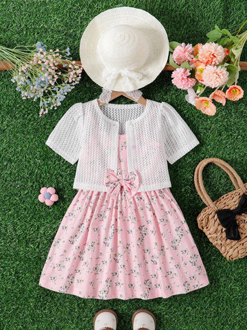 2pcs/Set Girls' Spaghetti Strap Dress Set, Summer Style Sweet Floral Print Girls' Dress