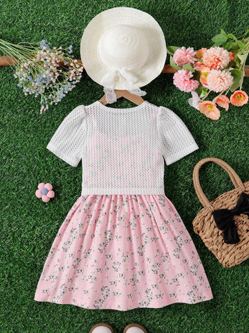 2pcs/Set Girls' Spaghetti Strap Dress Set, Summer Style Sweet Floral Print Girls' Dress