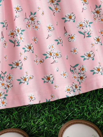 2pcs/Set Girls' Spaghetti Strap Dress Set, Summer Style Sweet Floral Print Girls' Dress