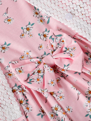 2pcs/Set Girls' Spaghetti Strap Dress Set, Summer Style Sweet Floral Print Girls' Dress