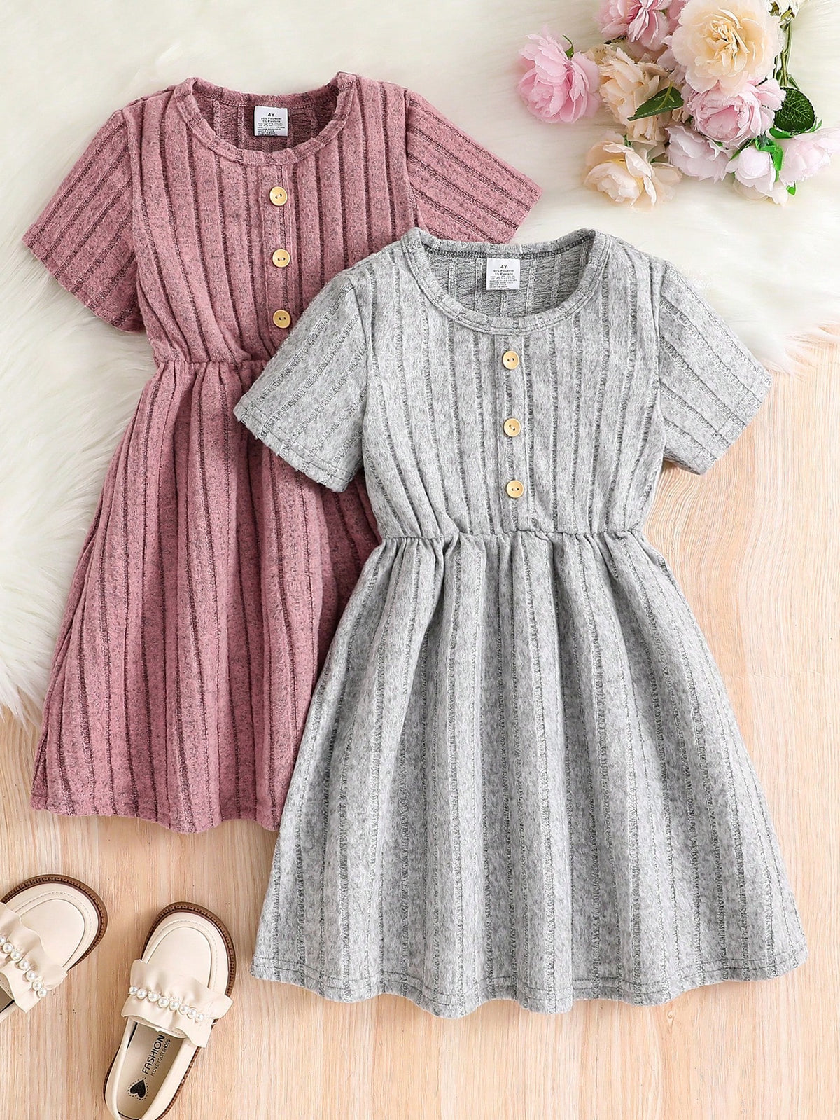 2pcs/Set Girls Summer Dress, Young Girl Striped Short Sleeve Belted Midi Knit Dress, Simple Casual Comfortable Soft & Versatile