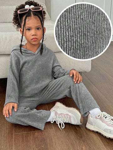 2pcs/Set Girls Sweatshirt & Pants Set, Reversible Fleece Rib-Knit, For Daily Casual Wear, Autumn