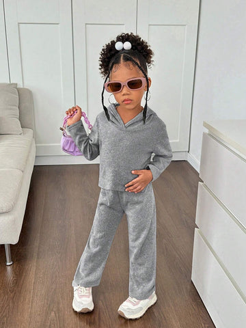 2pcs/Set Girls Sweatshirt & Pants Set, Reversible Fleece Rib-Knit, For Daily Casual Wear, Autumn