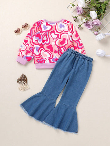 2pcs/Set Girls Sweet Heart Print Soft Sweatshirt And Heart Pattern Distressed Denim Flared Pants Suit,Casual/Daily/Holiday/Party