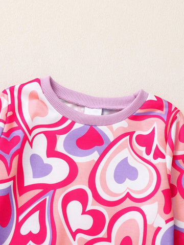 2pcs/Set Girls Sweet Heart Print Soft Sweatshirt And Heart Pattern Distressed Denim Flared Pants Suit,Casual/Daily/Holiday/Party