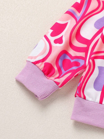 2pcs/Set Girls Sweet Heart Print Soft Sweatshirt And Heart Pattern Distressed Denim Flared Pants Suit,Casual/Daily/Holiday/Party