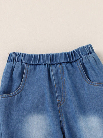 2pcs/Set Girls Sweet Heart Print Soft Sweatshirt And Heart Pattern Distressed Denim Flared Pants Suit,Casual/Daily/Holiday/Party