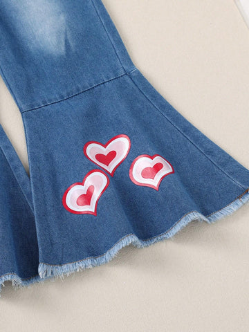 2pcs/Set Girls Sweet Heart Print Soft Sweatshirt And Heart Pattern Distressed Denim Flared Pants Suit,Casual/Daily/Holiday/Party
