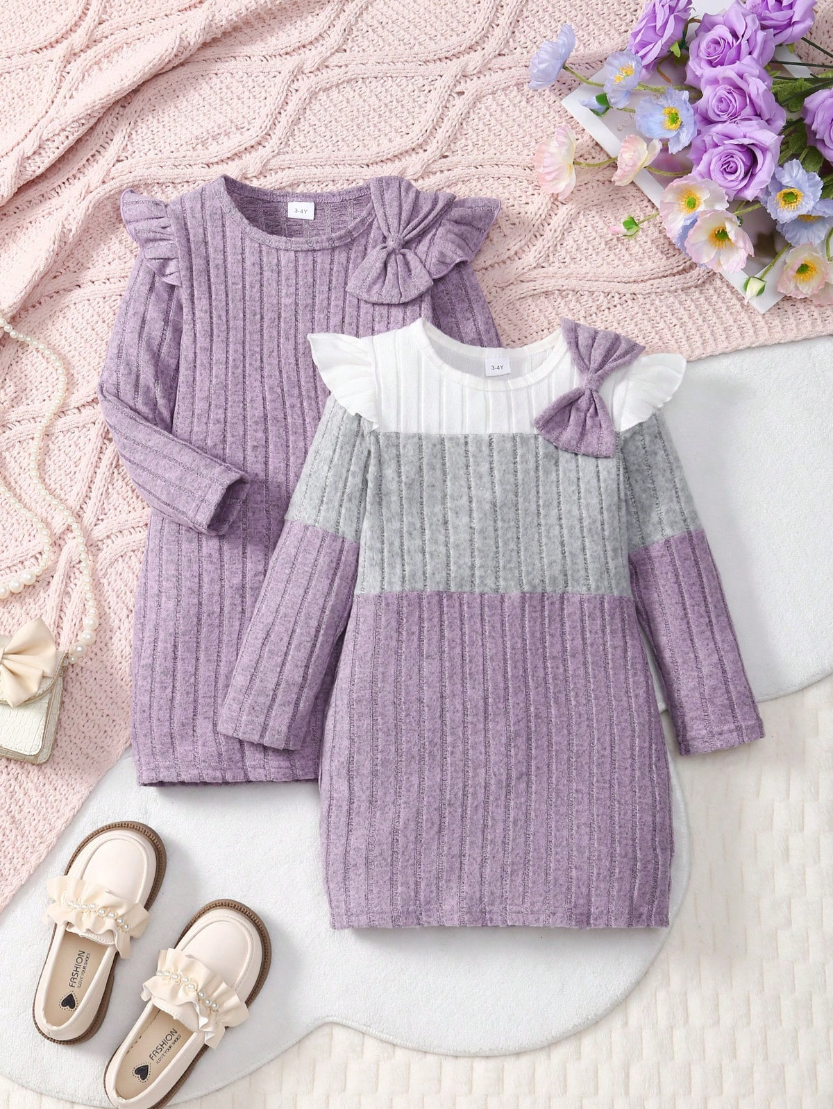2pcs/Set Girls Toddler Crew Neck Lantern Sleeve Cute Bow Patchwork Ribbed Long Sleeve Dress, Spring/Autumn