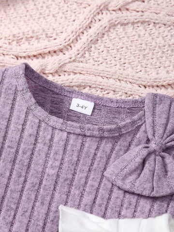 2pcs/Set Girls Toddler Crew Neck Lantern Sleeve Cute Bow Patchwork Ribbed Long Sleeve Dress, Spring/Autumn