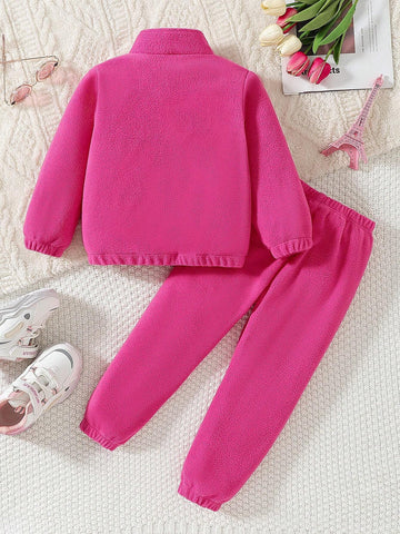 2pcs/Set Girls Toddler Outfit, Fleece Hooded Sweatshirt & Fleece Warm Pants, Outdoor Warm Wear For Autumn