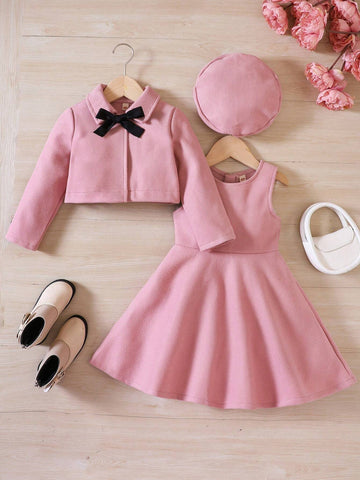 2pcs/Set Girls Woollen Short Jacket + Jumper Dress, Comes With Bow Beret Hat, Autumn/Winter