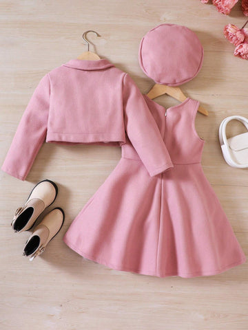 2pcs/Set Girls Woollen Short Jacket + Jumper Dress, Comes With Bow Beret Hat, Autumn/Winter