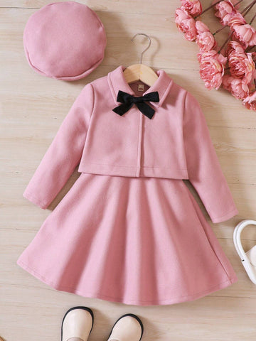 2pcs/Set Girls Woollen Short Jacket + Jumper Dress, Comes With Bow Beret Hat, Autumn/Winter