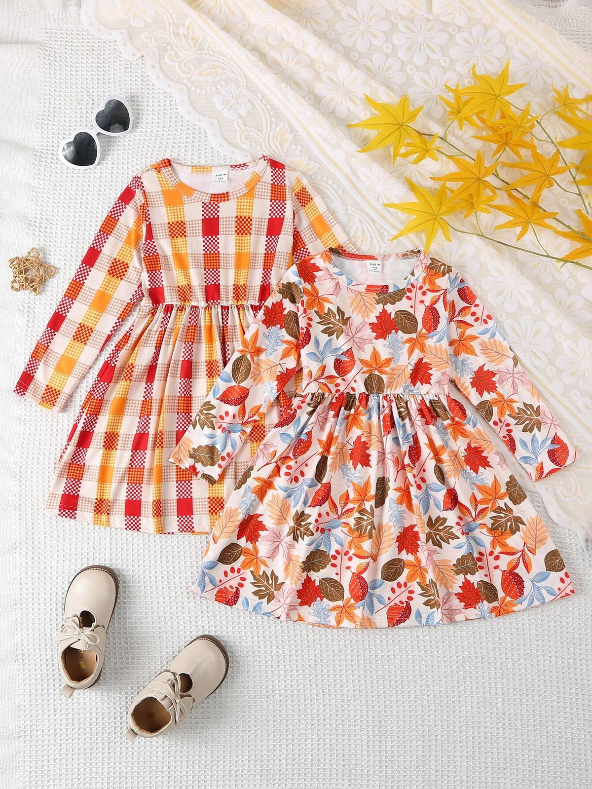 2pcs/Set Girls Young Girl Autumn Leaves & Plaid Print Casual Fashion Dress Set