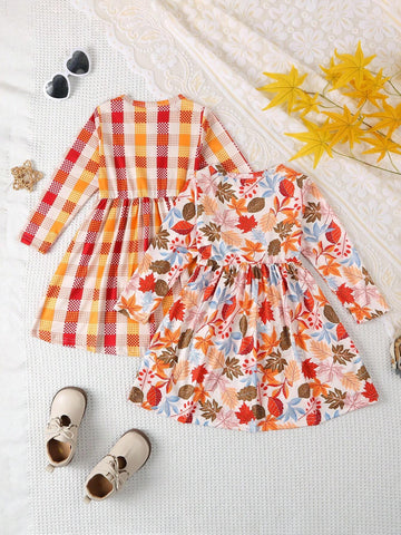 2pcs/Set Girls Young Girl Autumn Leaves & Plaid Print Casual Fashion Dress Set