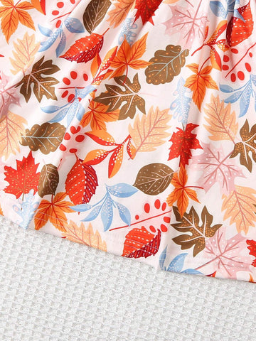 2pcs/Set Girls Young Girl Autumn Leaves & Plaid Print Casual Fashion Dress Set