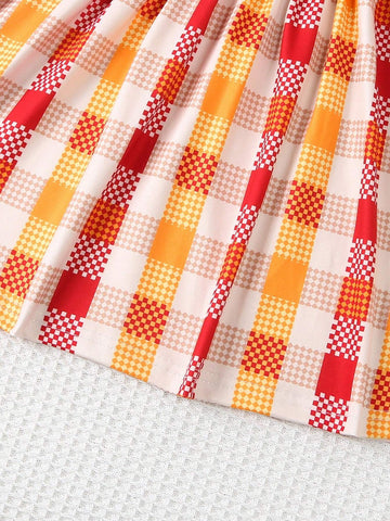 2pcs/Set Girls Young Girl Autumn Leaves & Plaid Print Casual Fashion Dress Set