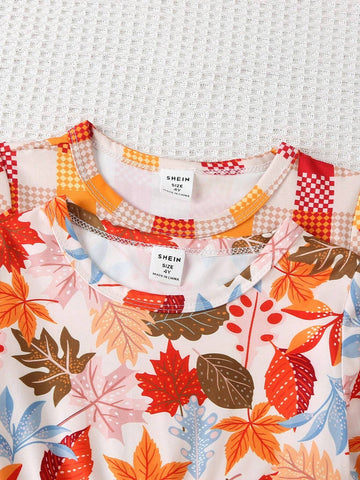 2pcs/Set Girls Young Girl Autumn Leaves & Plaid Print Casual Fashion Dress Set