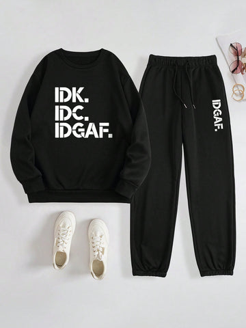 2pcs/Set Letter Printed Long Sleeve Sweatshirt And Sports Pants