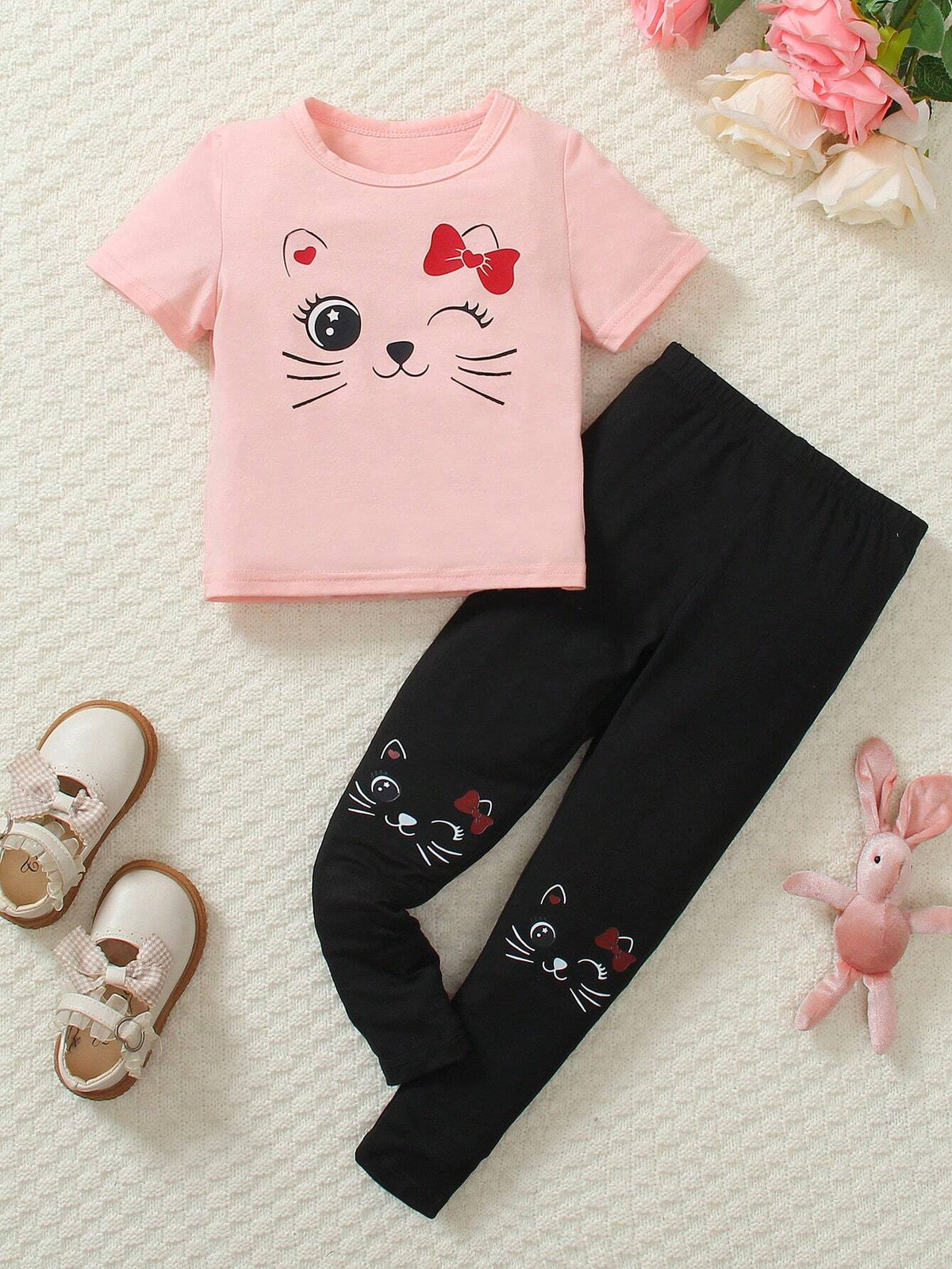 2pcs/Set Little Girls Spring Summer Cat Pattern Round Neck Short Sleeve 100% Cotton T-Shirt + Black Cat Print Casual Long Pants, Comfortable & Fashionable Street Style