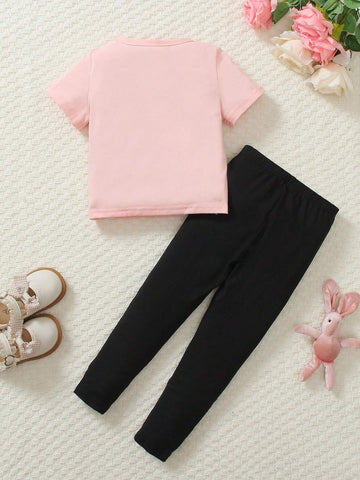 2pcs/Set Little Girls Spring Summer Cat Pattern Round Neck Short Sleeve 100% Cotton T-Shirt + Black Cat Print Casual Long Pants, Comfortable & Fashionable Street Style