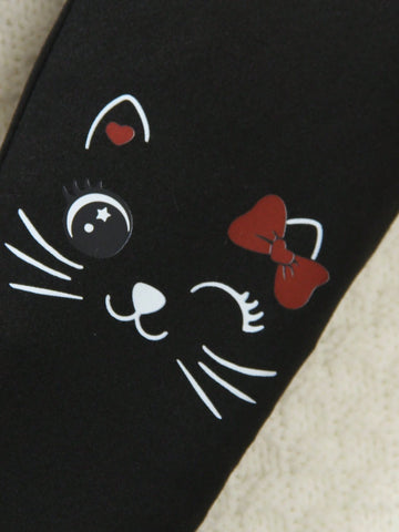 2pcs/Set Little Girls Spring Summer Cat Pattern Round Neck Short Sleeve 100% Cotton T-Shirt + Black Cat Print Casual Long Pants, Comfortable & Fashionable Street Style