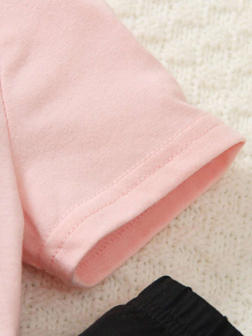 2pcs/Set Little Girls Spring Summer Cat Pattern Round Neck Short Sleeve 100% Cotton T-Shirt + Black Cat Print Casual Long Pants, Comfortable & Fashionable Street Style