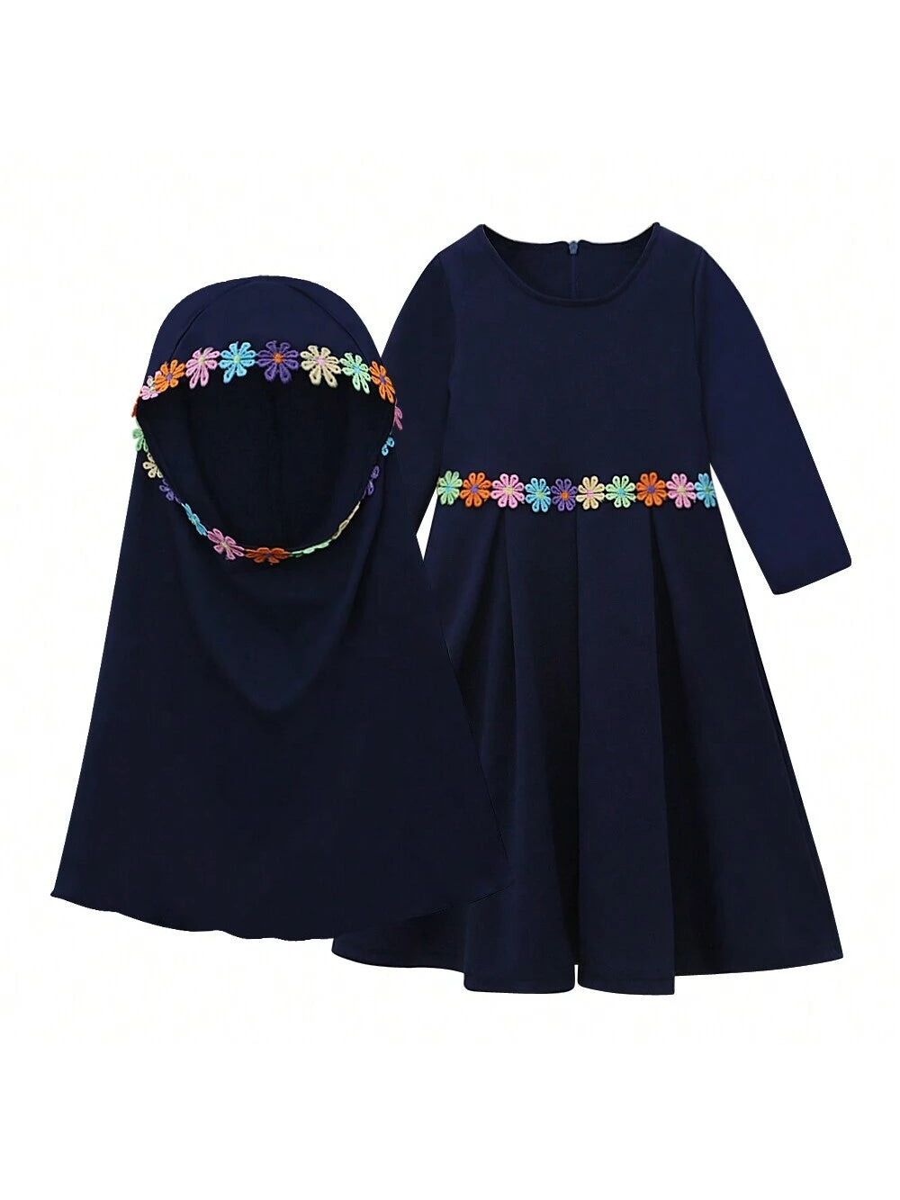 2pcs/Set Muslim Girls' Solid Color Long Sleeve Dress + Headscarf
