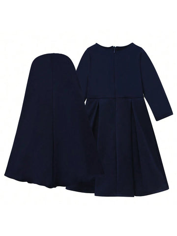 2pcs/Set Muslim Girls' Solid Color Long Sleeve Dress + Headscarf