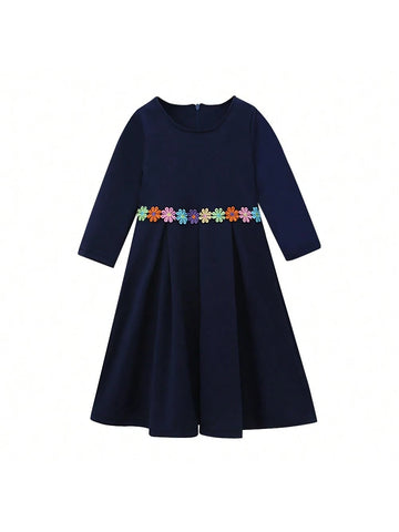 2pcs/Set Muslim Girls' Solid Color Long Sleeve Dress + Headscarf