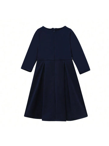 2pcs/Set Muslim Girls' Solid Color Long Sleeve Dress + Headscarf