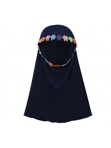 2pcs/Set Muslim Girls' Solid Color Long Sleeve Dress + Headscarf