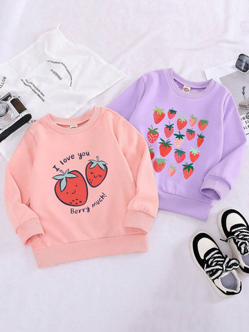 2pcs/Set Or Multi-Pack Strawberry Print Fashionable Pullover Sweatshirt, Trendy Casual For Autumn/Spring