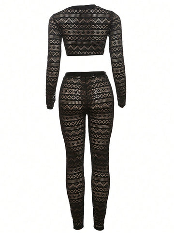 2pcs/Set Sexy Midriff-Baring Crop Top And High Waist Striped Hollow-Out Pants For Women