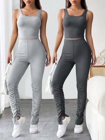 2pcs/Set Sleeveless Round Neck Crop Tank Top & Ruched Pants For Spring/Summer