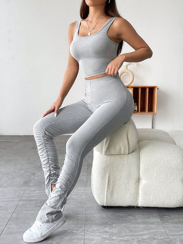 2pcs/Set Sleeveless Round Neck Crop Tank Top & Ruched Pants For Spring/Summer