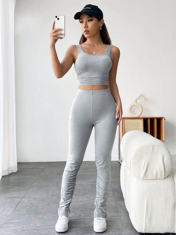 2pcs/Set Sleeveless Round Neck Crop Tank Top & Ruched Pants For Spring/Summer