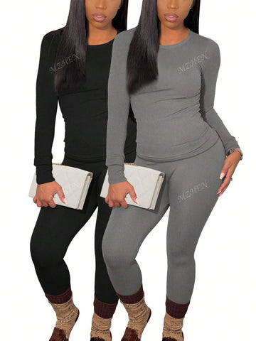 2pcs/Set Solid Color Tight-Fitting Casual Outfit