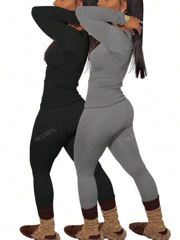 2pcs/Set Solid Color Tight-Fitting Casual Outfit