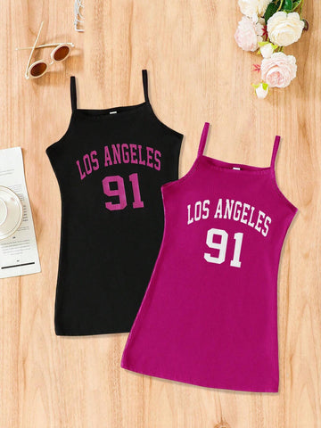2pcs/Set Striped Cami Dress With Trendy Letter Print, Korean Style Casual Outfit For Children
